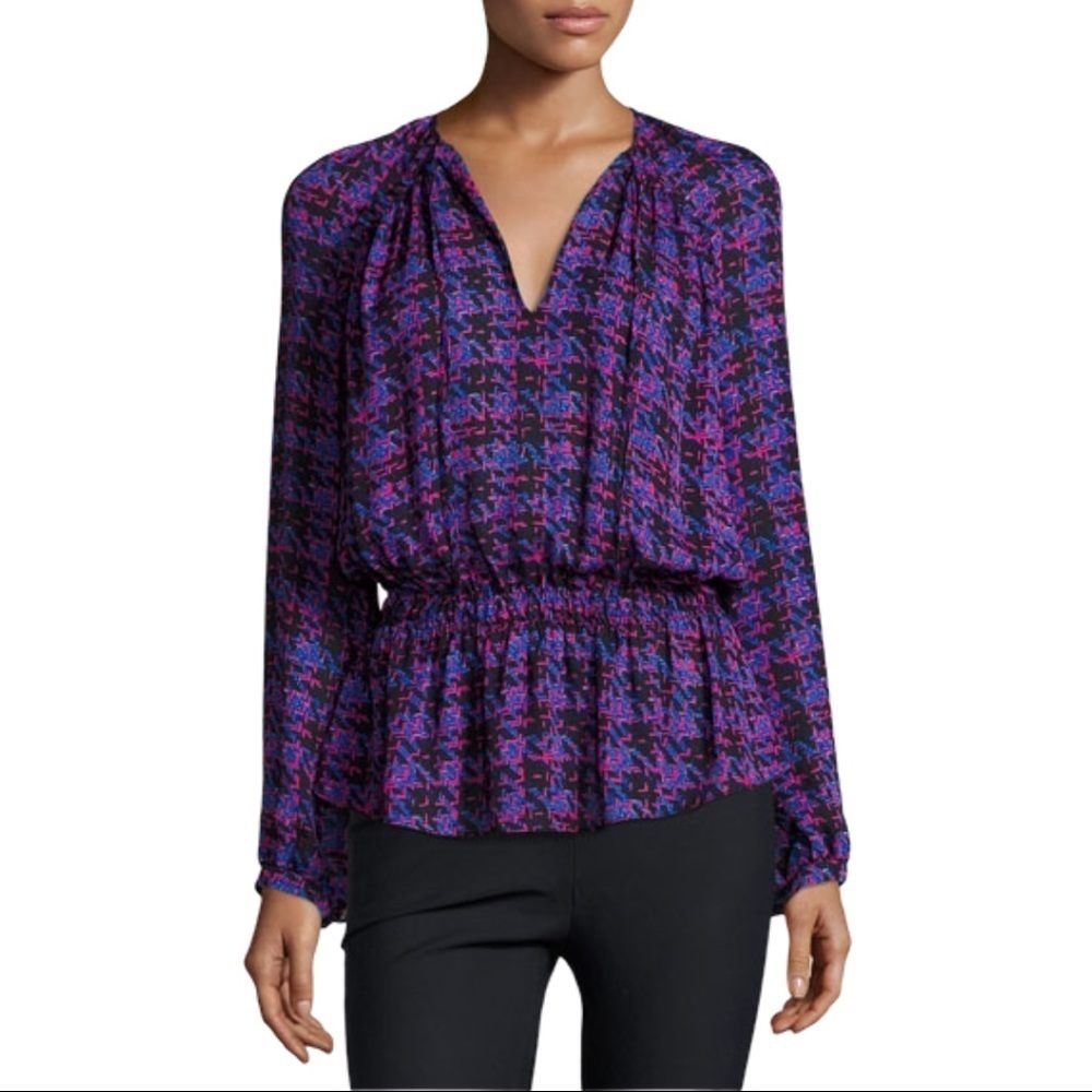 DEREK LAM MULTICOLORED HOUNDSTOOTH SILK BLOUSE